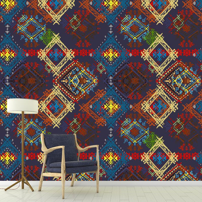 Boho Check Seamless Pattern Mural Decal for Bedroom Personalized Wall Covering in Red-Yellow-Blue