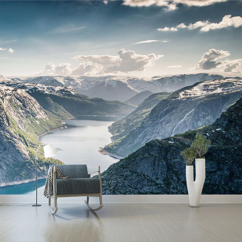 Modern Wide River Mountain Mural Decal Grey Bedroom Wall Art, Custom Size Available