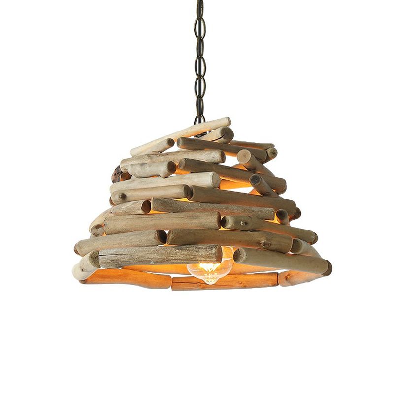 Stacked Sticks Suspension Lamp Lodge Wooden Single Dining Room Pendant Light Fixture