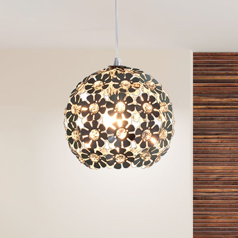 Floral Globe Shade Hanging Light Fixture Contemporary Aluminum 1 Light Chrome Suspension Lamp with Crystal Accent