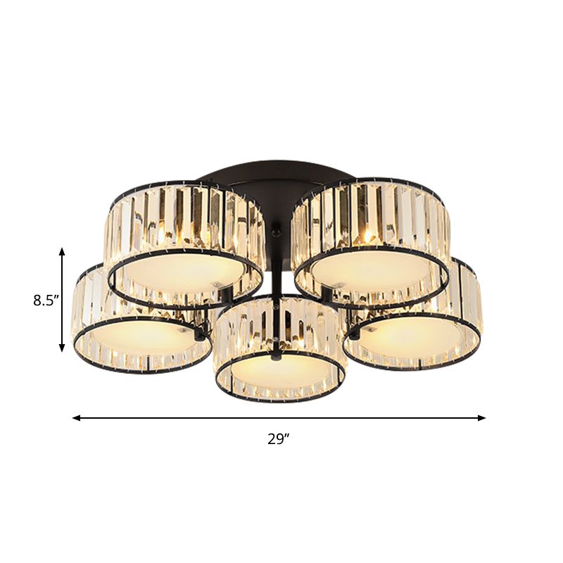 3/5/6 Lights Living Room Ceiling Light Fixture Modern Black Flush Mount with Drum Crystal Shade