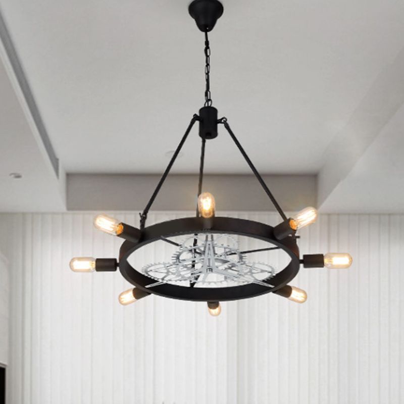 7/8 Bulbs Iron Hanging Chandelier Industrial Black/Silver Gear Wheel Dining Table Suspended Lighting Fixture with Exposed Bulb Design