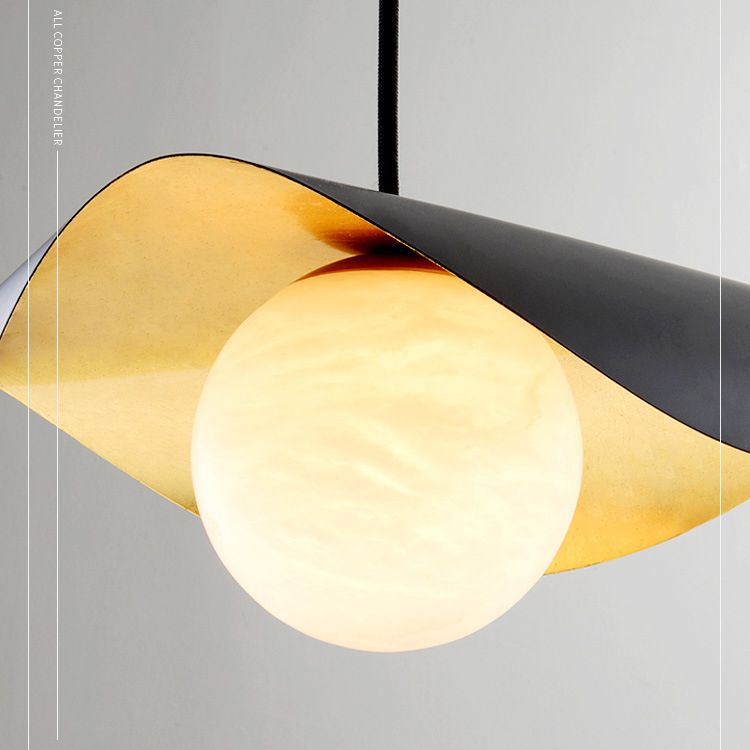 Black and Gold Inner Ruffle Pendant Postmodern 1 Bulb Faux Marble Hanging Light with Ball Glass Shade