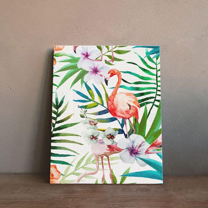 Childrens Art Canvas in Green Flamingo and Flower Wall Decoration for Living Room