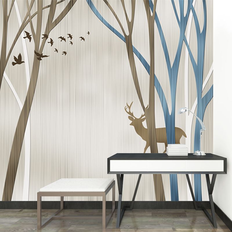 Personalized Illustration Nordic Murals with Silhouette Deer in Leafless Trees Pattern in Blue-Brown