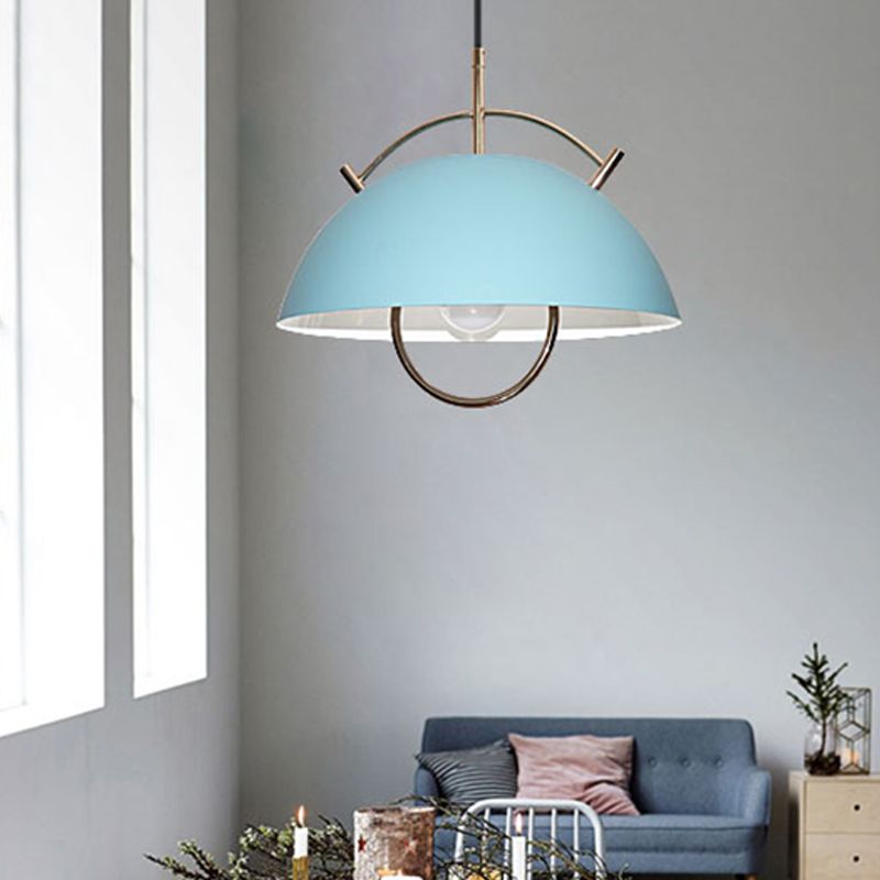 Metal Bowl Down Lighting Macaron 1 Head Blue/White/Khaki Hanging Ceiling Light with Handle