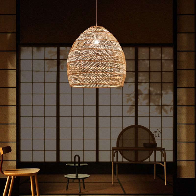 1-Light Hanging Light Fixture Asian Style Pendant Light with Rattan Shade for Bedroom