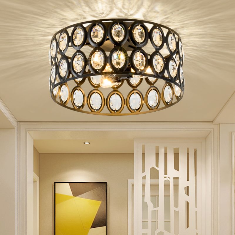 Modern 3 Lights Ceiling Light with Metal and Crystal Black Cylinder Flush Mount Light
