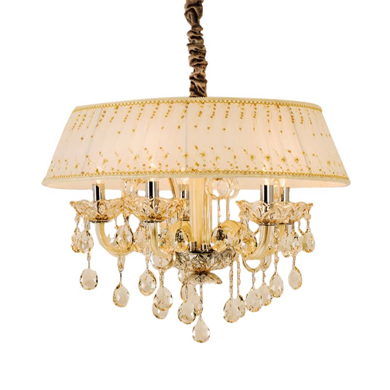 Luz de lámpara de la sala de estar de tambor tela contemporánea 4 cabezas lámpara colgante beige con caída de cristal