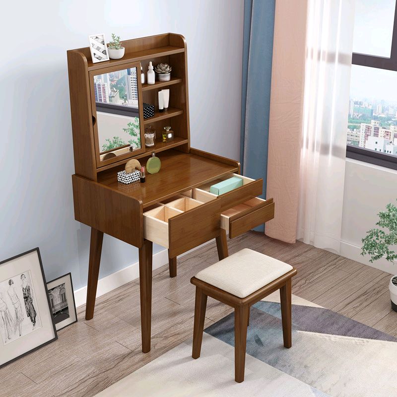 Solid Wood Vanity Table Set 3-Drawer Makeup Vanity Table with Mirror and Stool