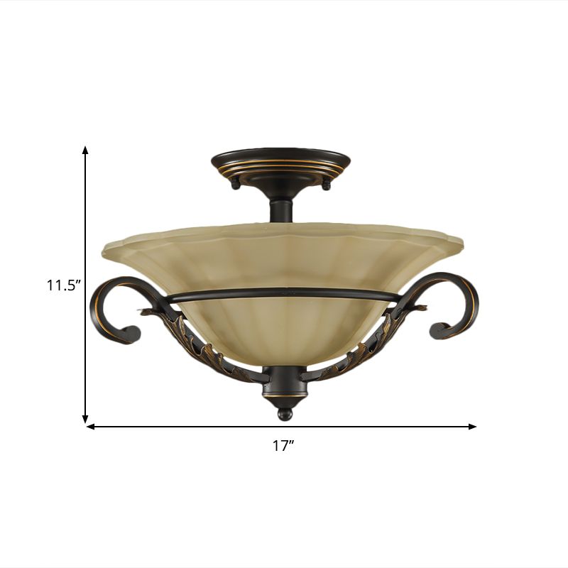 Bronze Bell Shape Flush Lamp Countryside Ribbed Opal Glass 3-Head Corridor Close to Ceiling Light