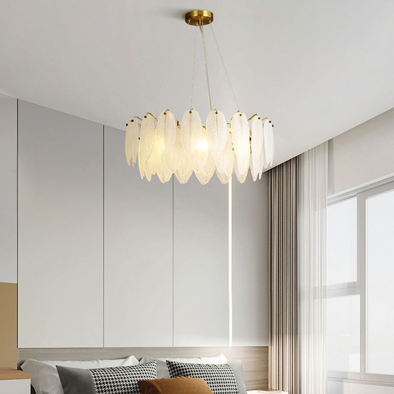 Gold Modern Metal Ceiling Lamp Feather Shape Island Light with Glass Shade for Living Room