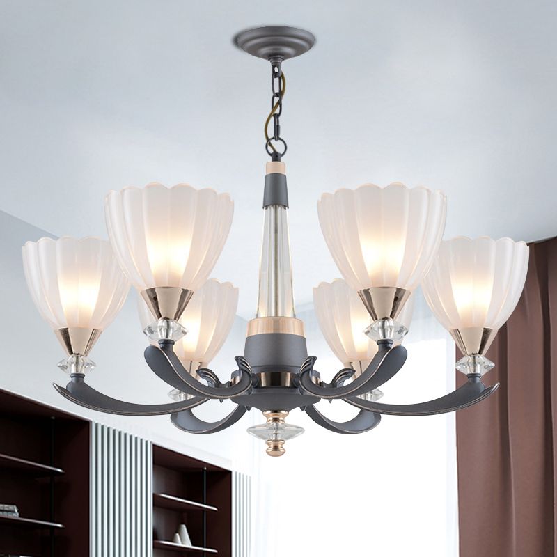 6/8 Bulbs Suspension Pendant with Floral Shade Opal Glass Countryside Guest Room Ceiling Chandelier in Grey