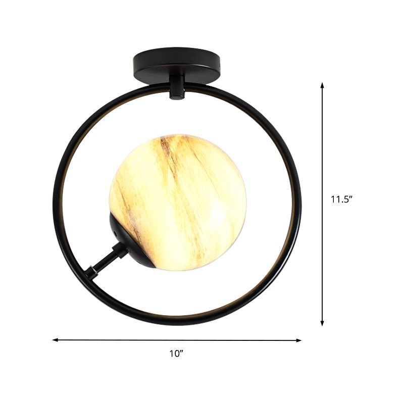 Vidrio blanco / amarillo modernista semiincrustado esférico 1 lámpara semiincorporada negra clara con anillo de hierro