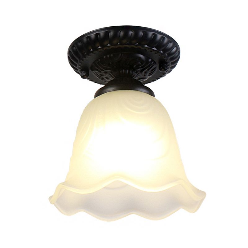 Flared Living Room Flush Mount Lamp Classical White Glass 1 Light Black Ceiling Lighting