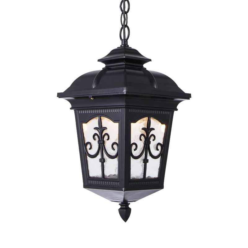 Clear Ripple Glass Black/Bronze Ceiling Lamp Lantern Shaped 1-Light Farmhouse Pendant Light Fixture for Patio