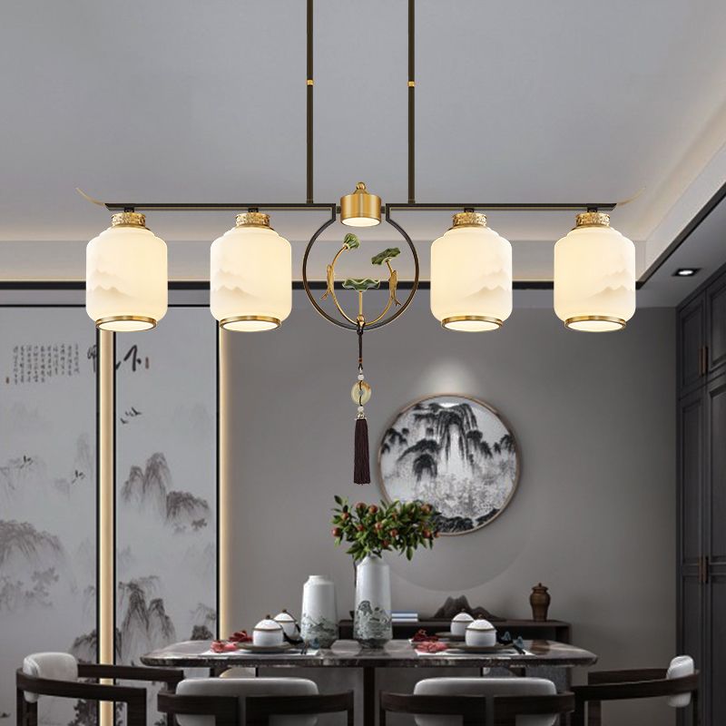 Cilindro de iluminación de la isla de cocina contemporánea Luces de isla colgantes con sombra de vidrio blanco