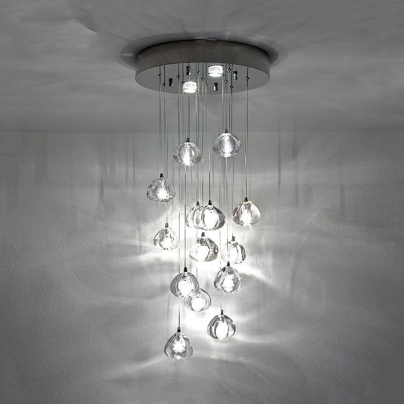 Silver 14 Bulbs LED Ceiling Light Modernism Clear Concave Glass Meteor Shower Cluster Pendant Lamp