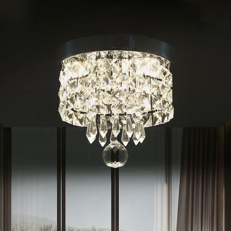 Drum Layered Flush Mount Light Crystal Glam Ceiling Light Fixture in Chrome