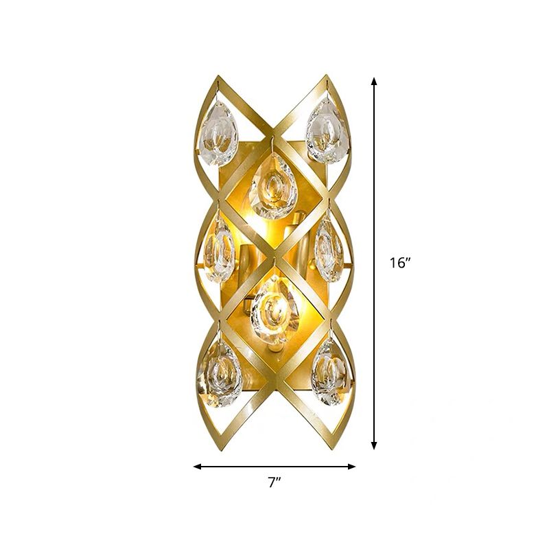 Clear Crystal Teardrop Sconce Light Fixture Contemporary 2 Lights Brass Finish Wall Light for Living Room