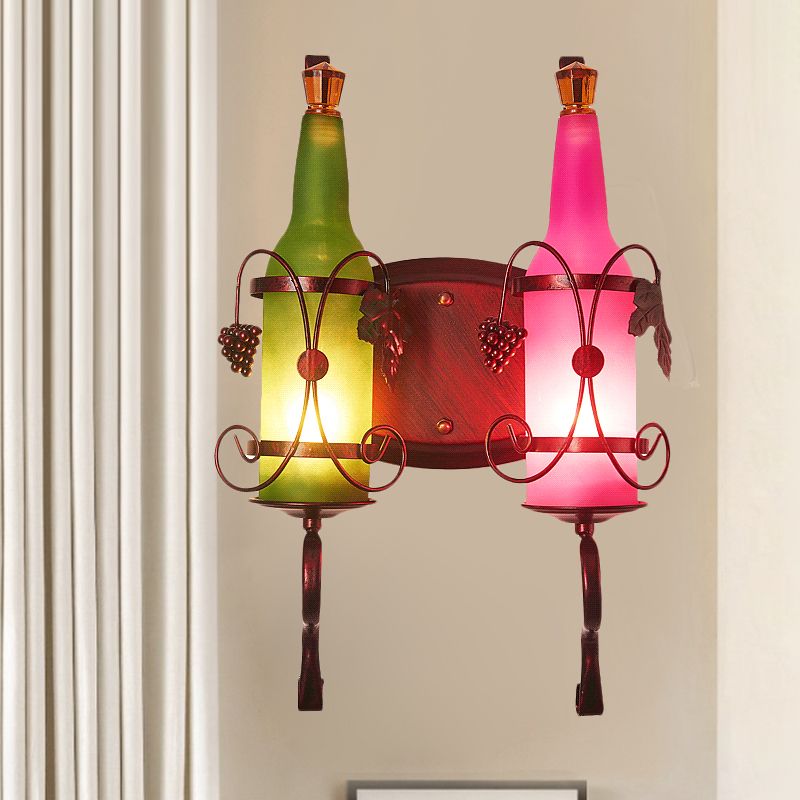 Industrieflaschenschatten Wandleuchte 2 Leuchten gefrostete Glaswandlampe mit Blatt -Deco in Grün und Rosa