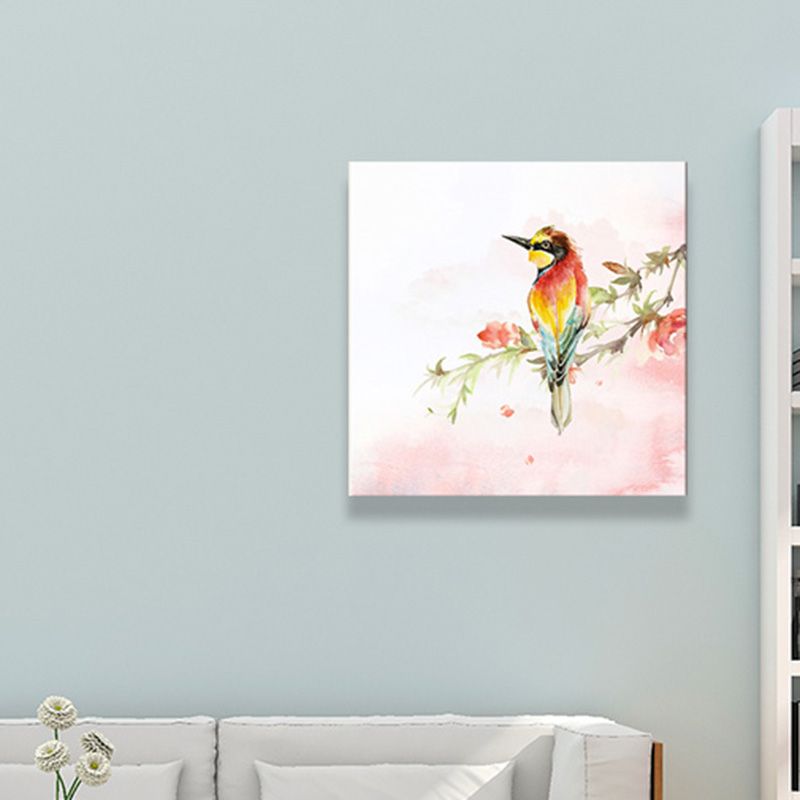 Flower Branch Magpie Canvas Print Textured Childrens Art Living Room Wall Decor in Pink