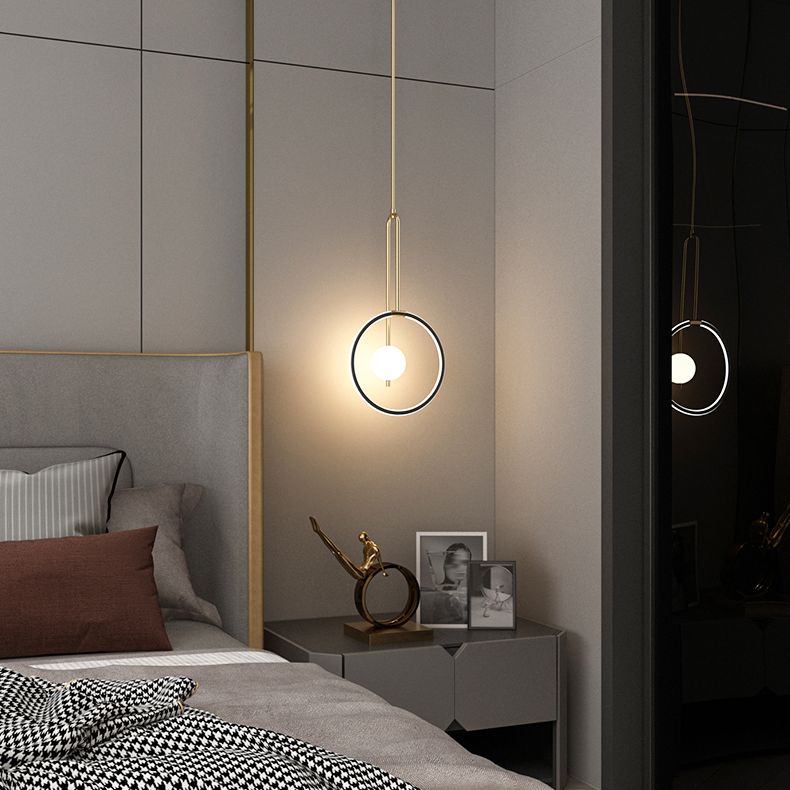 Circular LED Hanging Light Fixture Minimalism Metal Black-Gold Drop Pendant for Bedroom