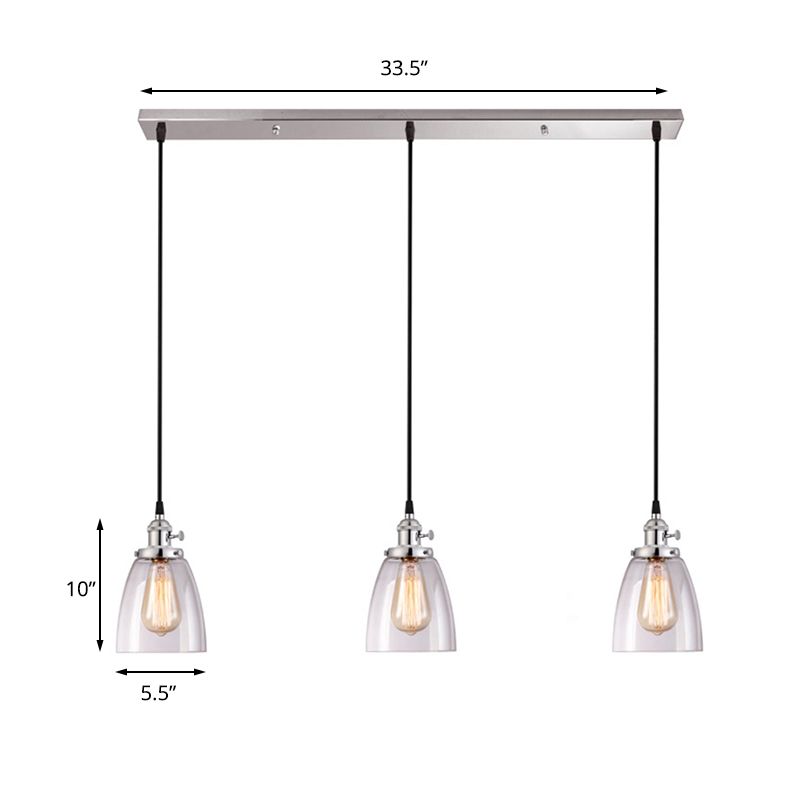 3 Lights Multiple Hanging Light Industrial Conical Clear Glass Pendant Lighting in Chrome