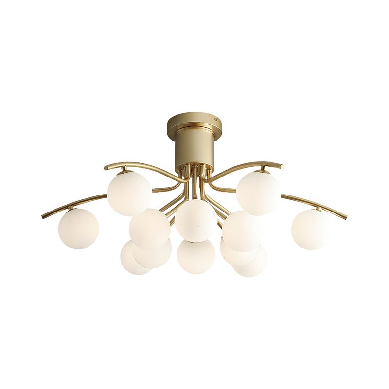 Post-Modern Modo Flush Mount White Glass 12-Head Living Room LED Semi Close to Ceiling Lamp in Brass