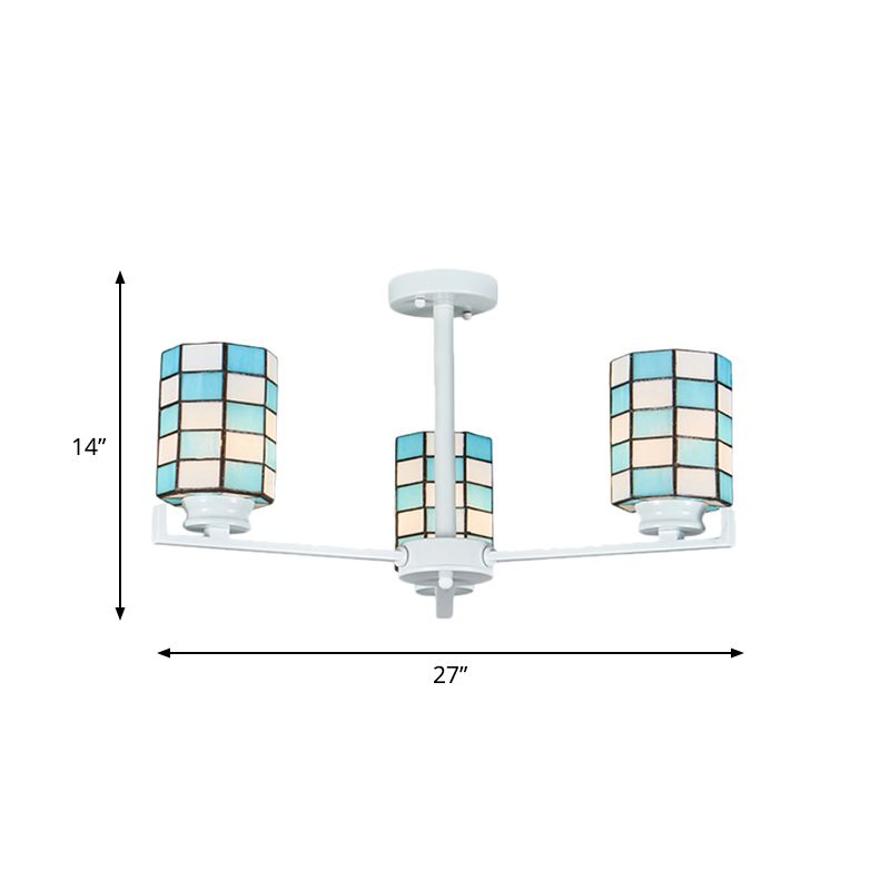 Stained Glass Black/White Semi Mount Lighting Cylinder 3/6/8 Lights Baroque Ceiling Mounted Light
