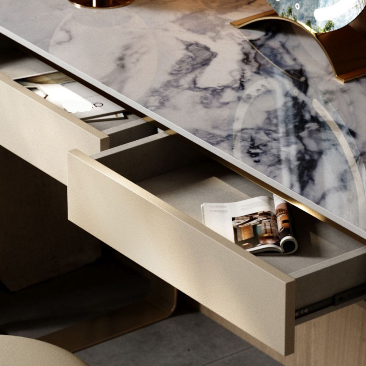 2 Drawers 29.52" High Vanity Set with Stool Stone Top Dressing Table