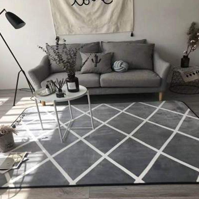 Grey Contrast Stitching Geometric Rug Polyester Modern Indoor Rug Machine Washable Stain Resistant Non-Slip Rug for Bedroom