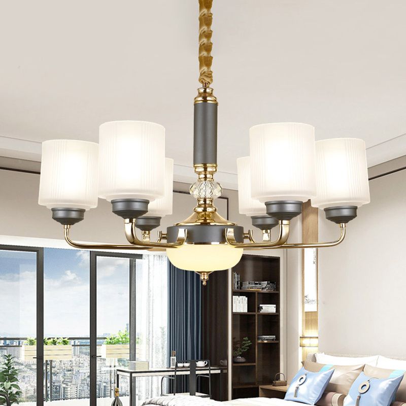 Null 6/8/12 Bulbs Chandelier Light Fixture Rural Cream Glass Cylindrical Pendulum Light for Bedroom