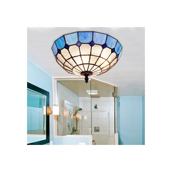 Plafonnier bol en verre teinté Tiffany, 2 lumières, plafonnier en Beige/transparent/bleu pour salle de bain