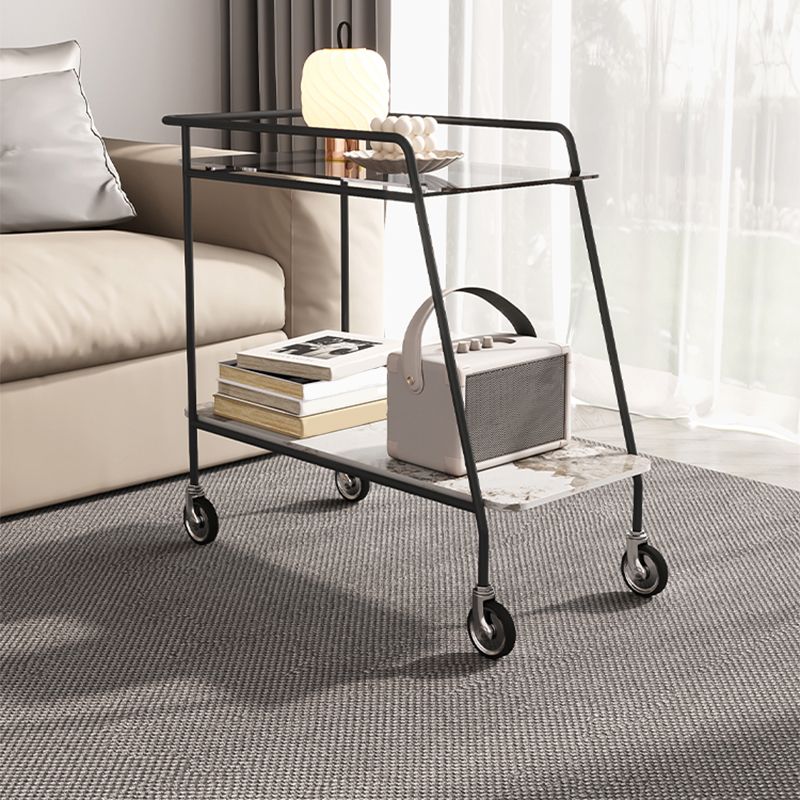 25.59" Tall Rectangle Glass Top Side Table Iron Base End Table with Shelf and Wheel