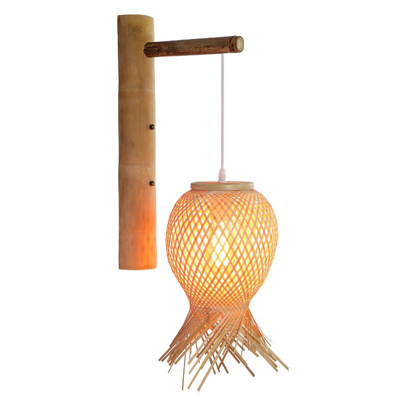 Octopus Shaped Bedside Wall Lamp Bamboo 1 Bulb Japanese Wall Light Fixture in Wood