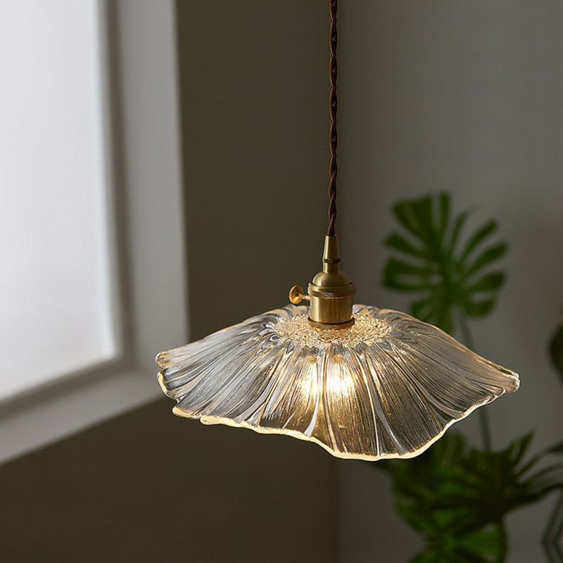 Antique Floral Pendant Light 1-Light Ruffle Glass Hanging Light Fixture for Restaurant