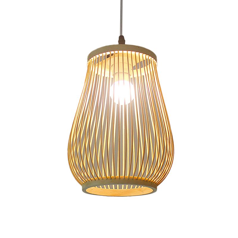 Funnel/Urn/Pear Ceiling Hang Light Asian Bamboo Single-Bulb Tearoom Hanging Pendant in Beige