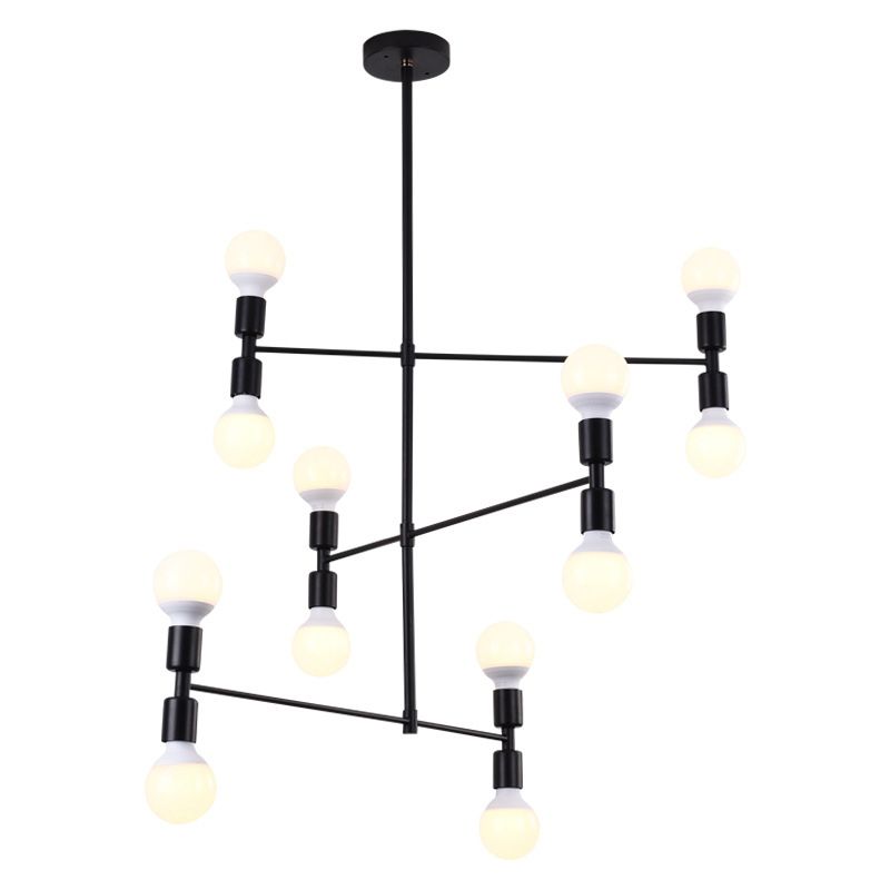 Postmodern 3-Arm Chandelier Metallic 12-Bulb Living Room Hanging Lamp with Shadeless Design