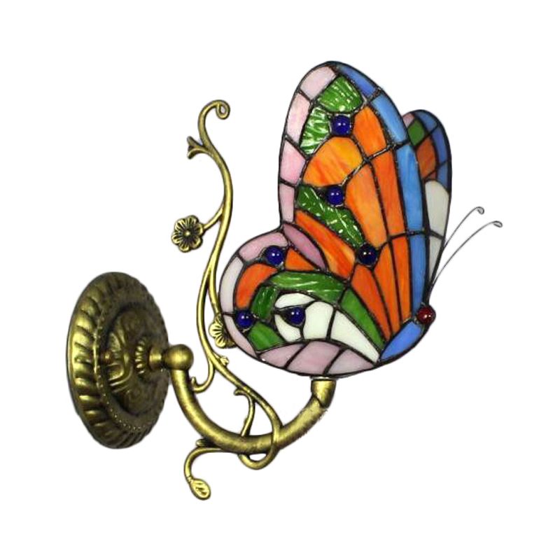 1 Light Mini Wall Sconce with Butterfly Rustic Loft Style Stained Glass Wall Mount Light in Blue/Orange