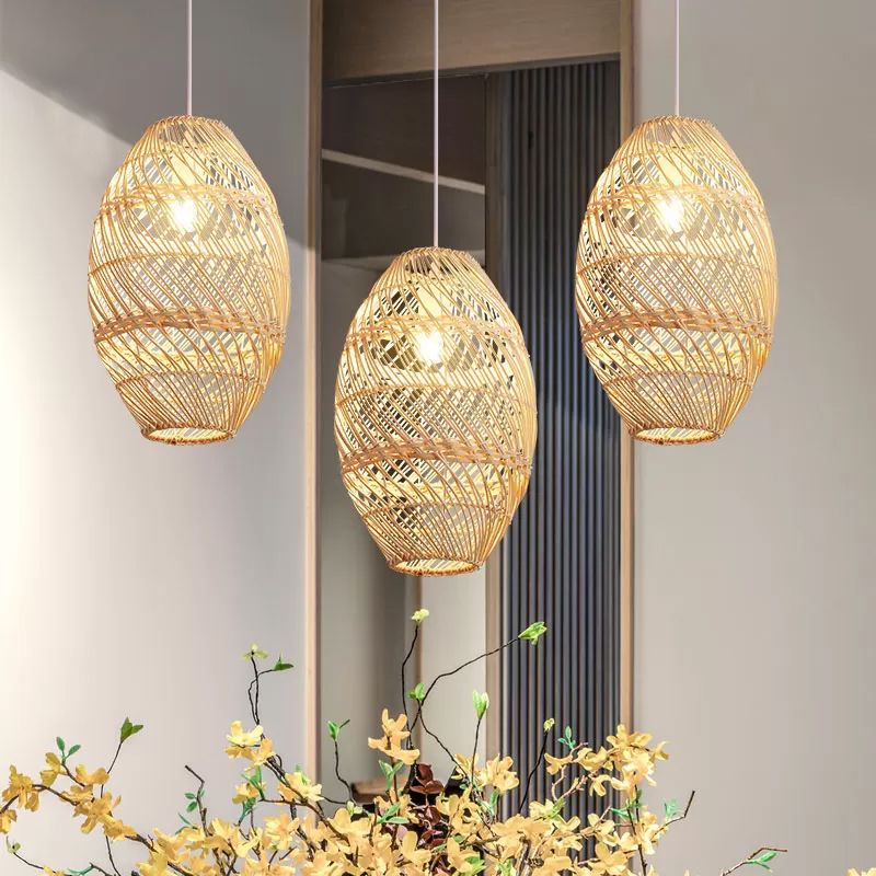 Wood Oblong Suspension Light Asian-Style 1 Bulb Bamboo Rattan Ceiling Pendant Lamp