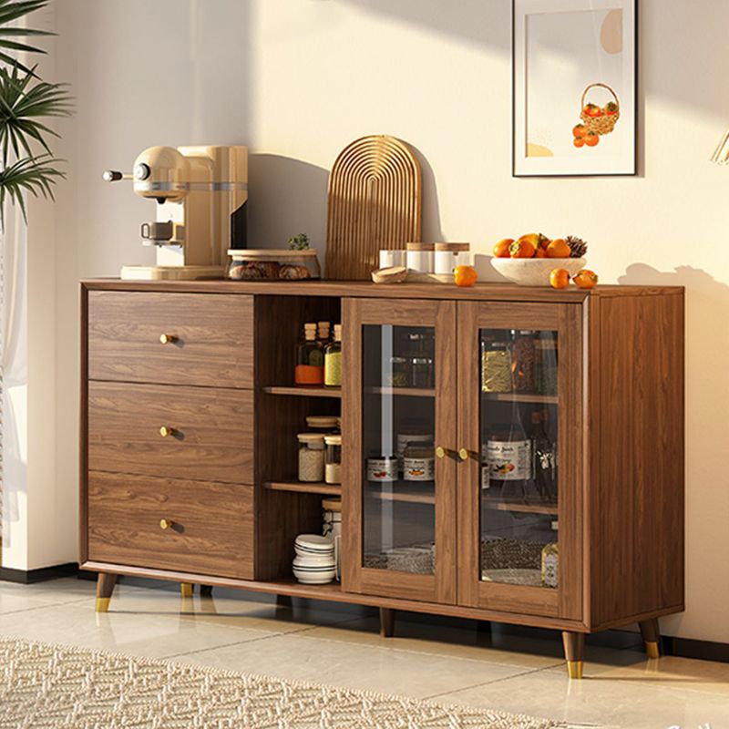 Modern Faux Wood China Cabinet Glass Doors Dining Hutch with Drawers