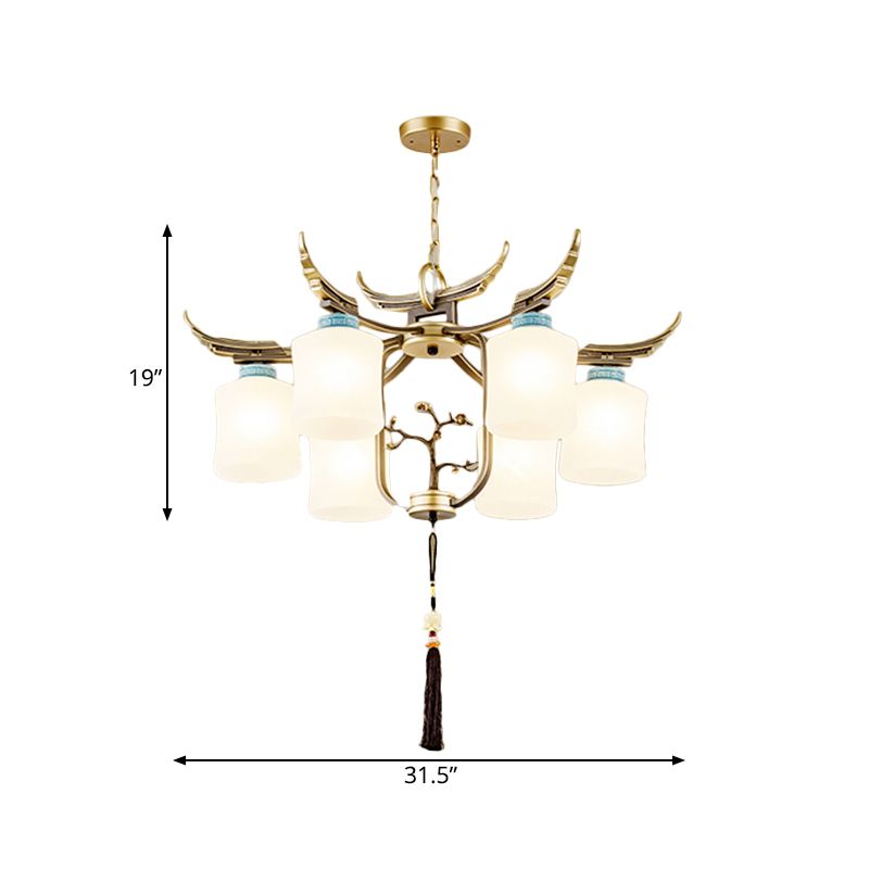 Cylinder Living Room Hanging Chandelier Traditional Style Metal 6/8/10 Lights Brass Ceiling Light with Frosted Glass Shade