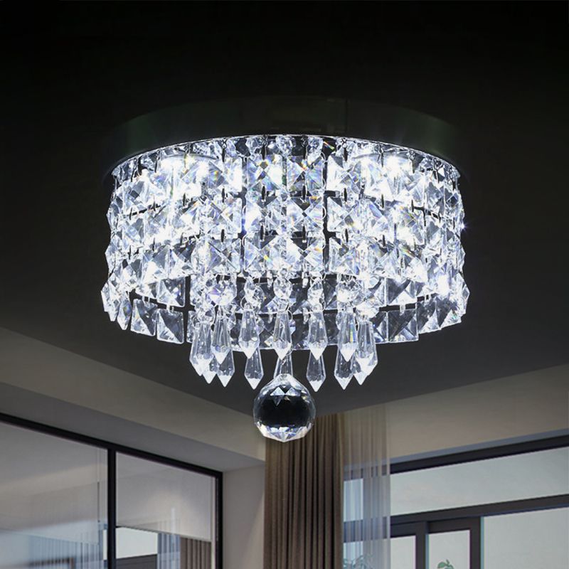 Drum Layered Flush Mount Light Crystal Glam Ceiling Light Fixture in Chrome