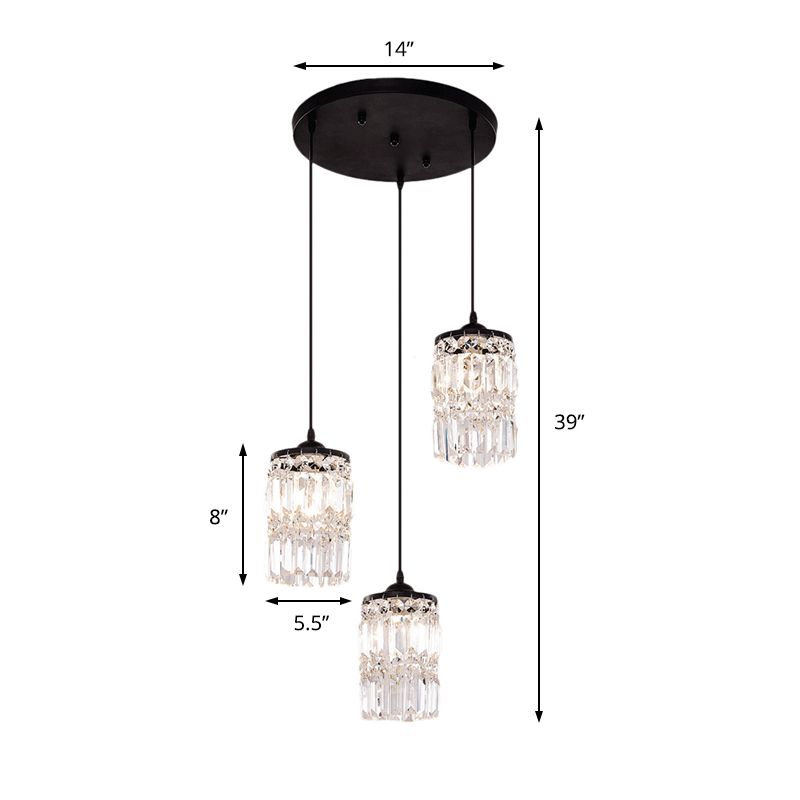 Cylinder Crystal Block Hanging Light Contemporary 3 Lights Black Cluster Pendant Light with Round/Linear Canopy
