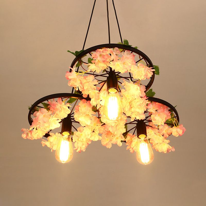 Bare Bulb Metal Chandelier Light Industrial 3 Bulbs Restaurant Hanging Lamp in Black with Cherry Blossom