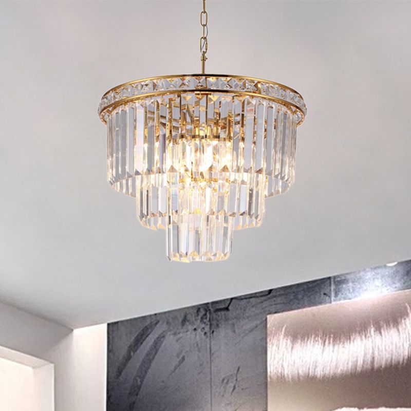 Four Tiers Ceiling Light Modern Faceted Optical Crystal 6 Lights Brass Chandelier Light, 19.5"/23.5" Wide
