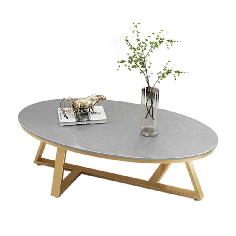 Glam Iron Cross Legs Cocktail Table Oval Slate Top Coffee Table