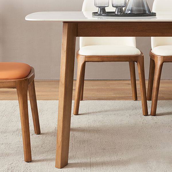 Mesa moderna de mediados de siglo de madera maciza, mesa rectangular de piedra sinterizada blanca