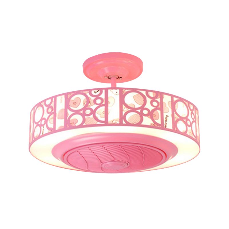Drum Metal Fan Light Kids LED Pink / Blue 3 Blades Semi Flush Mount Lighting for Nursery, 23,5 "de long